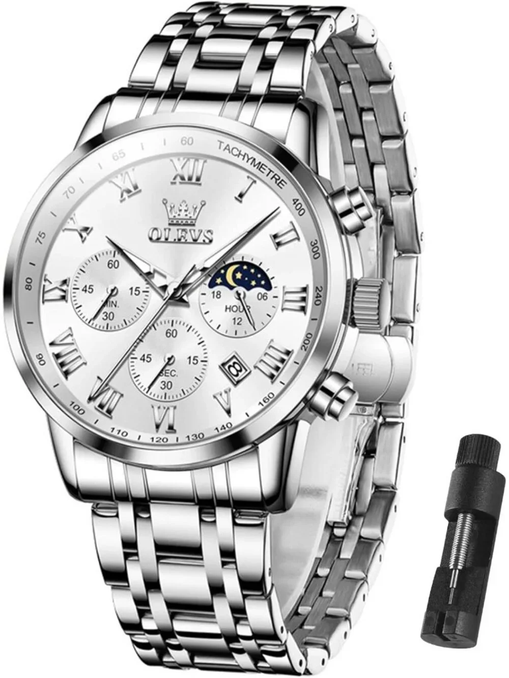 Olevs Men's Silver Multifunction Waterproof Luminous Chronograph Wrist Watch